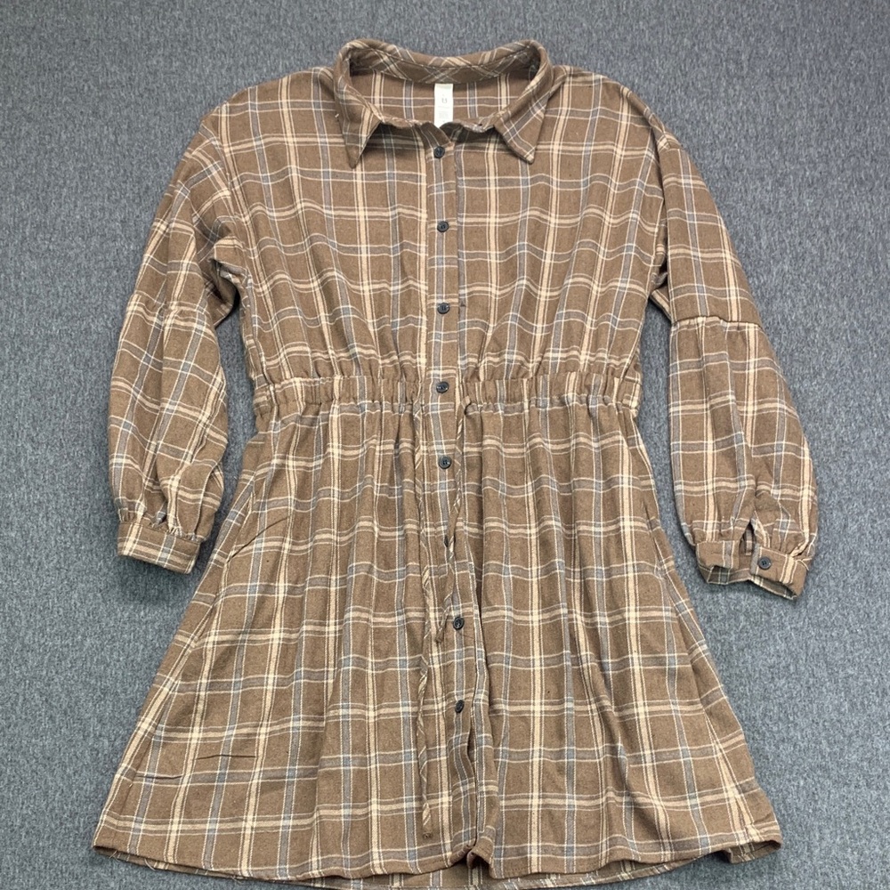 B Women's Brown Plaid Button-Front Shirt Dress Midi